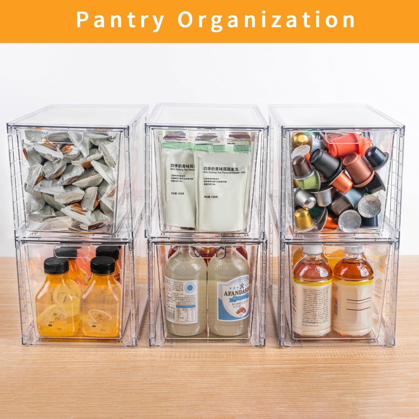 Zero Zoo 4Pack Large Stackable Kitchen Storage Drawers, Clear Foods Organizer Bins with Handles, Easily Assemble for Bathroom, Kitchen, Pantry…