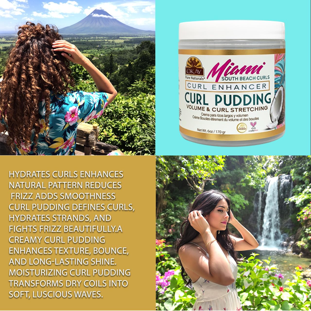 OKAY Miami South Beach Curls Curl Enhancer Curl Pudding 6 oz - Moisturizing Curl Defining Cream for Curly, Coily & Wavy Hair - Frizz Control, Deep