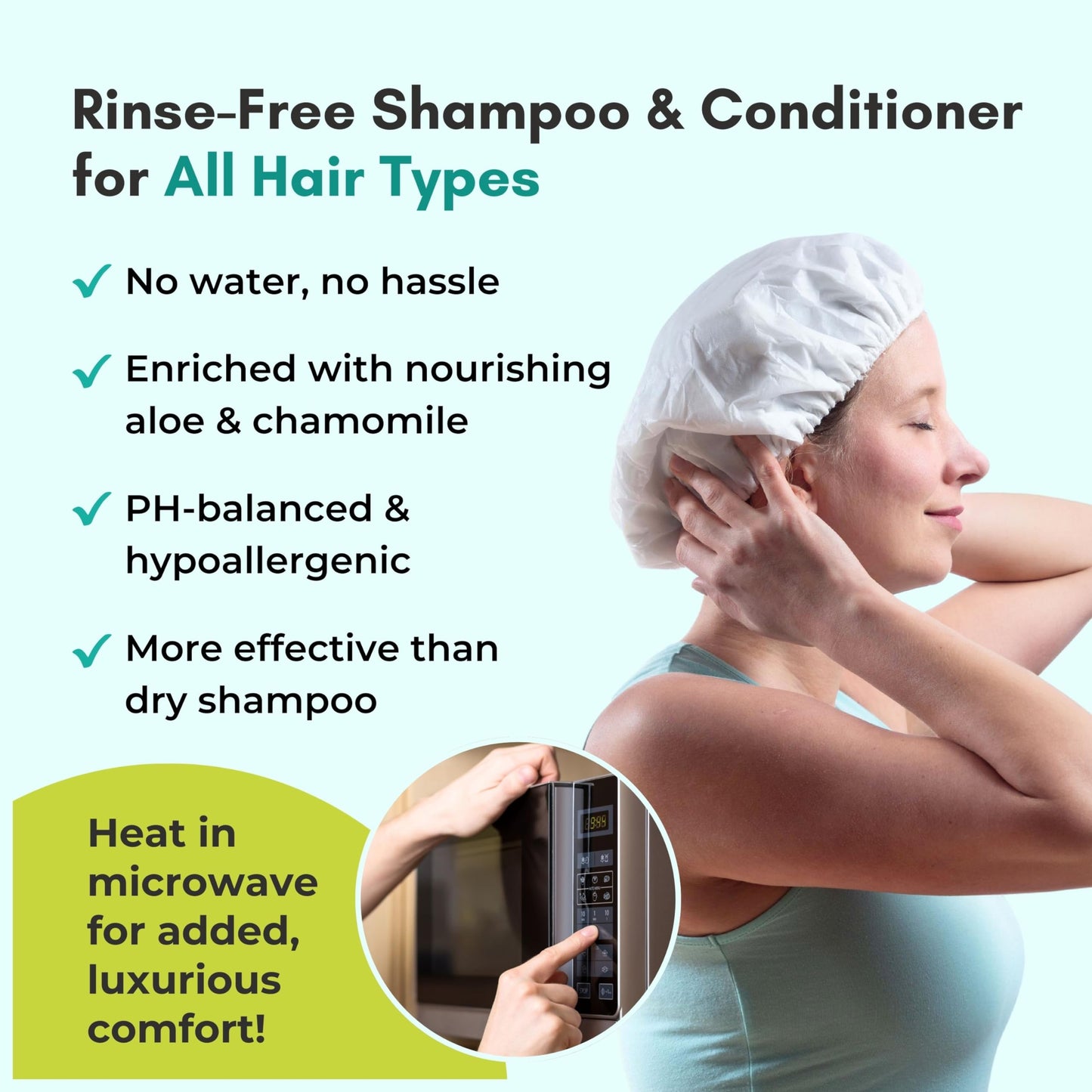 No Water Rinse Free Shampoo Cap by Nurture | Microwavable Hair Washing & Conditioning Shower Caps | Waterless Bathing | Disposable & Hypoallergenic