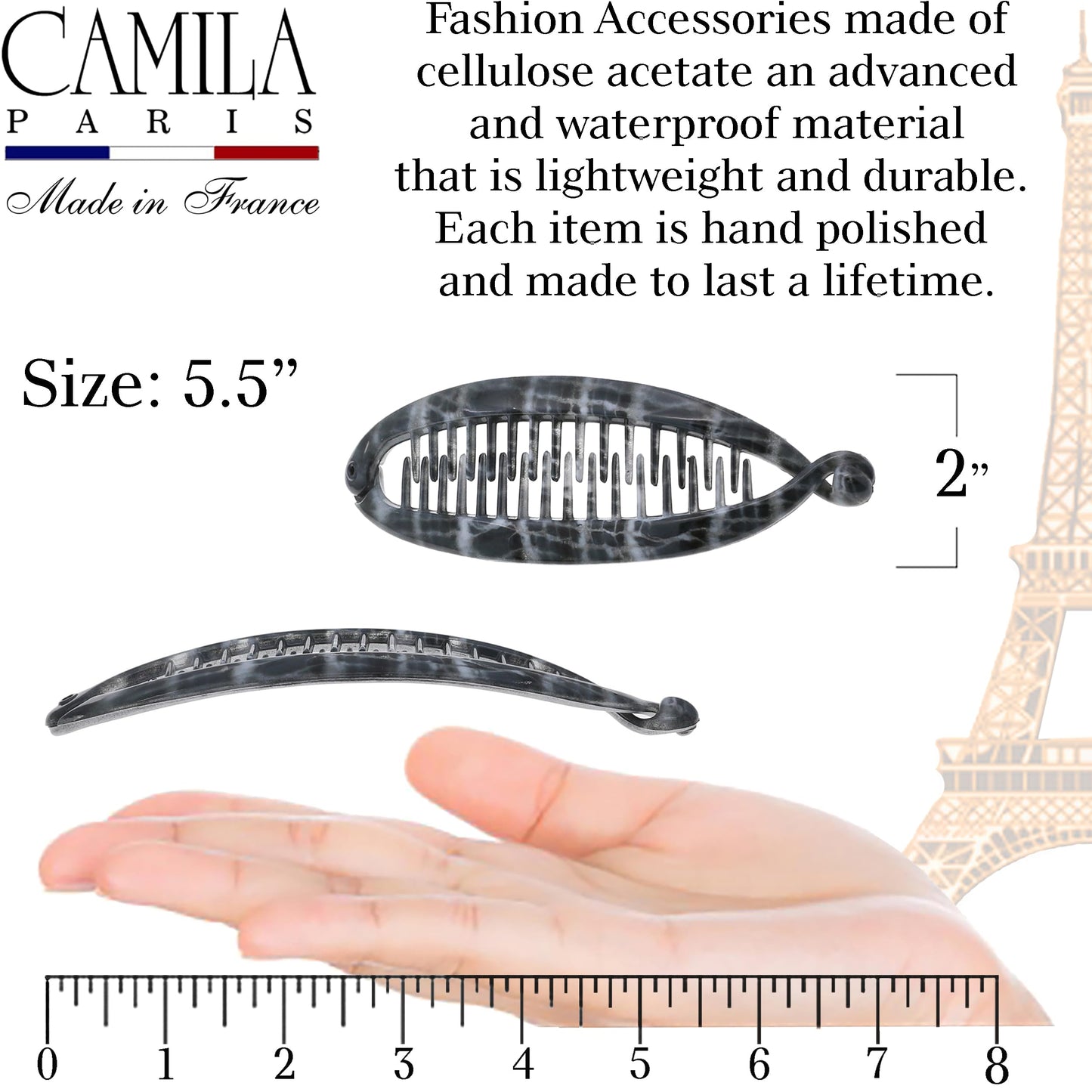 Camila Paris CP3101 French Large Banana Clip Hair Comb, Classic Banana Clips Hair for Thick Hair Ponytail Holder Interlocking Styling Clips for Women