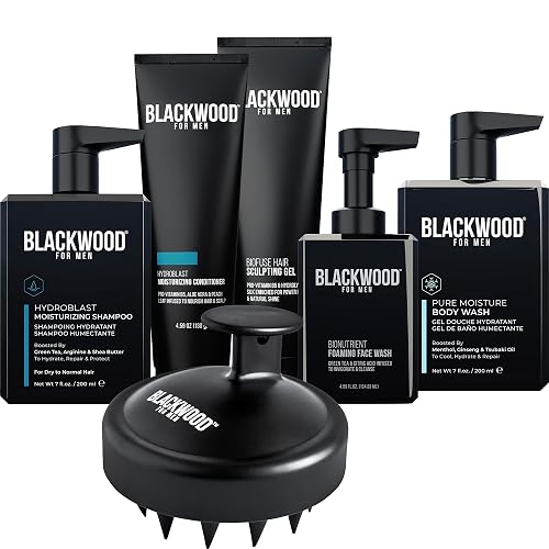 BLACKWOOD FOR MEN Hydro Cleanse Complete Set including Scalp Massager, Hydroblast Shampoo, Hydroblast Conditioner, Pure Moisture Body Wash, & BioFuse