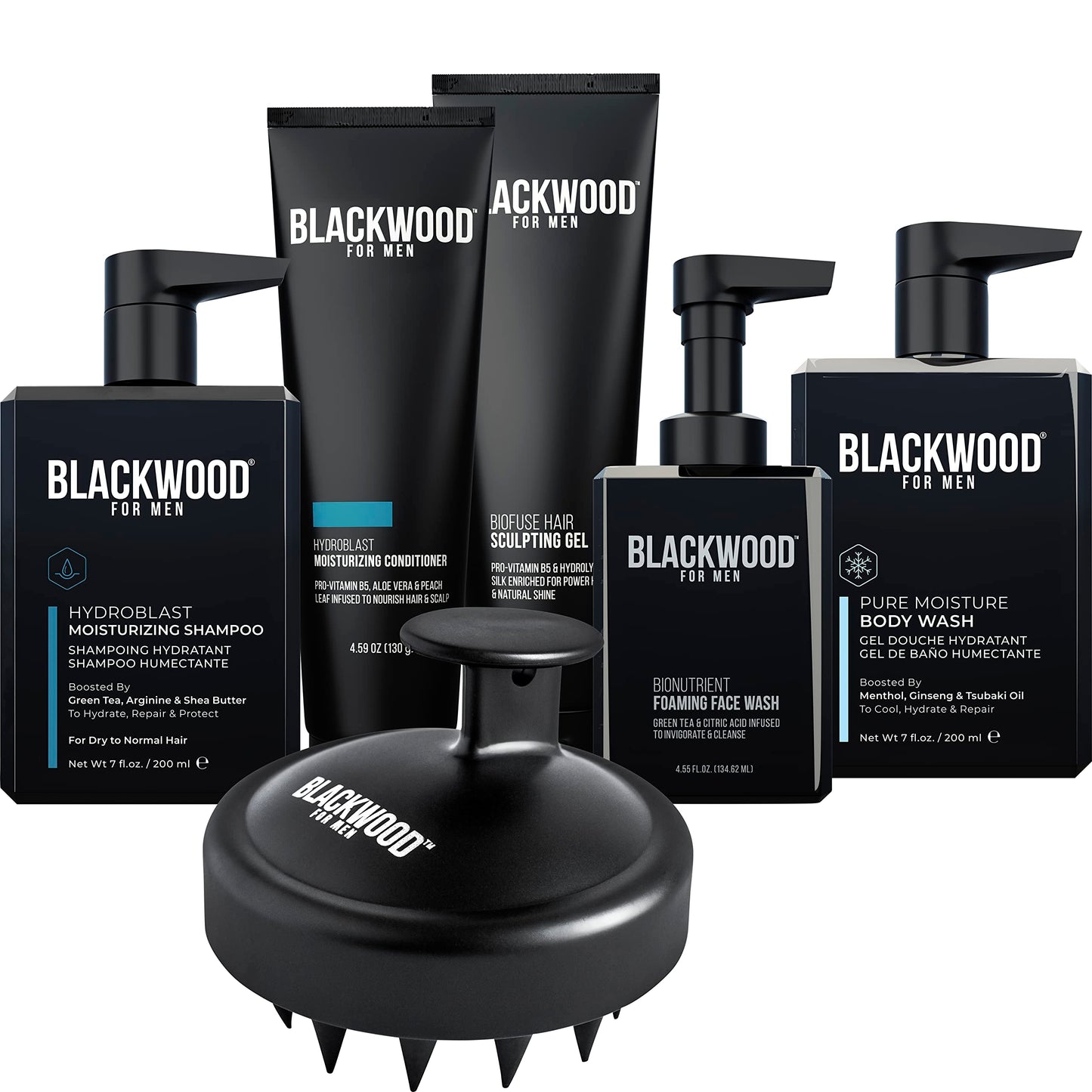 BLACKWOOD FOR MEN Hydro Cleanse Complete Set including Scalp Massager, Hydroblast Shampoo, Hydroblast Conditioner, Pure Moisture Body Wash, & BioFuse