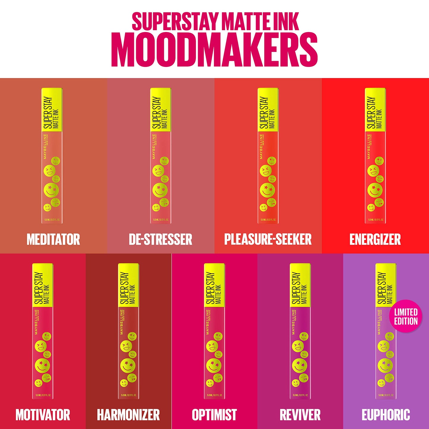 Maybelline Super Stay Matte Ink Liquid Lip Color, Moodmakers Lipstick Collection, Long Lasting, Transfer Proof Lip Makeup, Energizer, Bright Red, 1