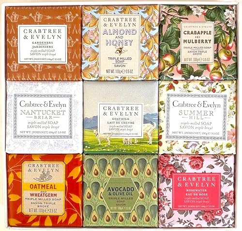 Crabtree & Evelyn Classics Bar Soap 9 Pc Set 3.5 oz ea. (Gardeners, Summer Hill, Nantucket, Avocado, Almond Milk.)