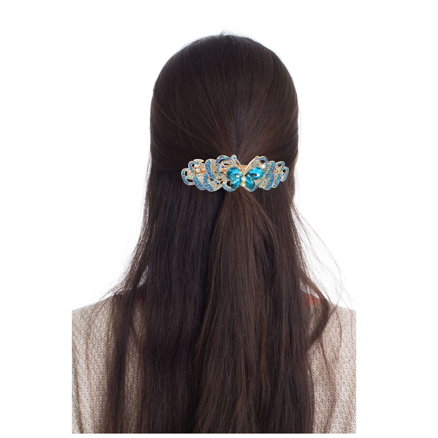 Butterfly Hair Barrettes - Jeweled Clips - Roses - Gold Metal with Rhinestones - Multi-Colored Jewels - 3.5" x 1.25" - Set of 2