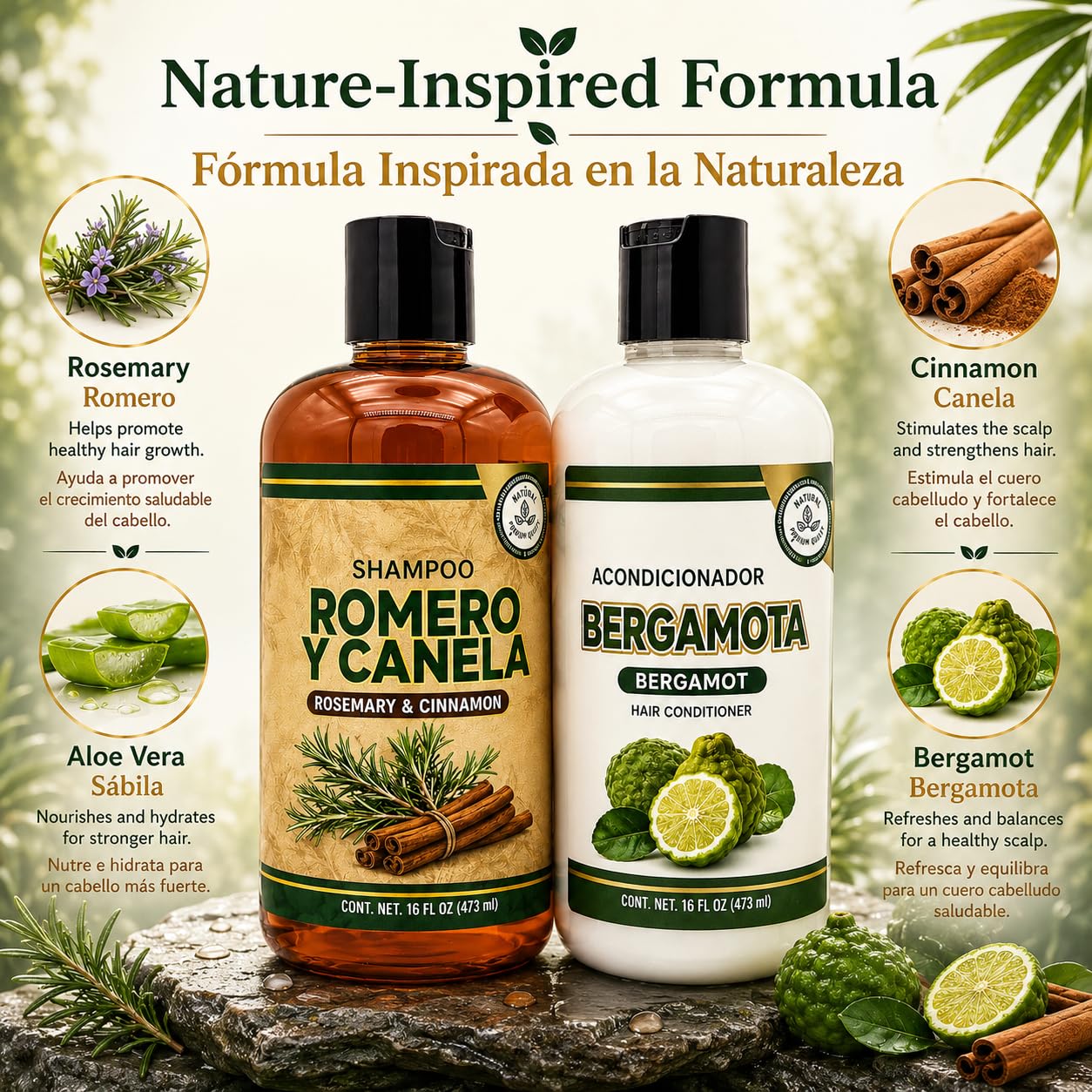 HIGH SUPREME Shampoo Romero, Sábila & Canela + Acondicionador de Bergamota - 16.9 fl oz each - Premium Nourishing Hair Care Set - Nutre y Revitaliza