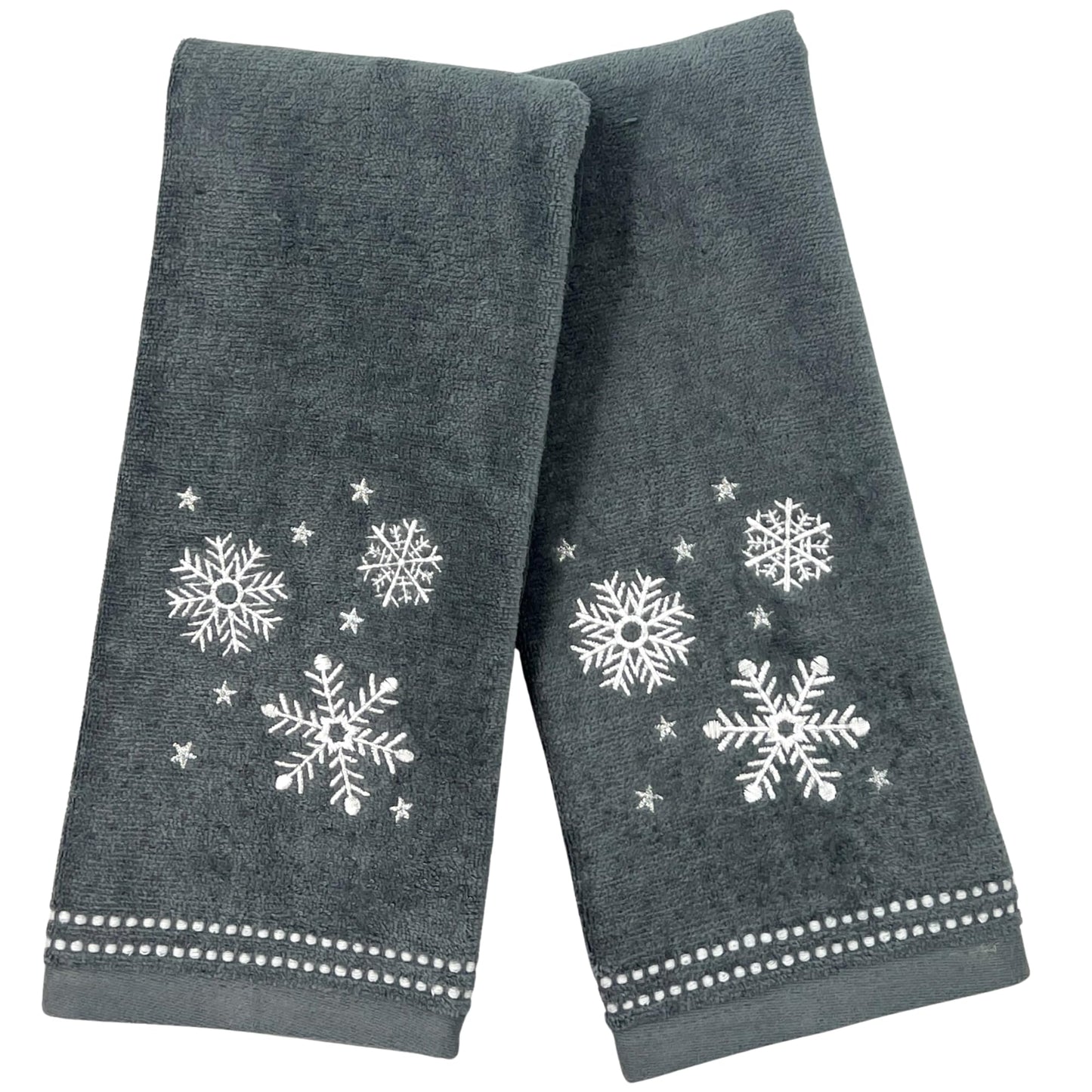 Serafina Home Christmas Hand Bathroom Towels, Set of 2, Embroidered Snowflakes and Stars, Dark Grey Velour Terry Cotton 16" x 25", Winter Holiday…