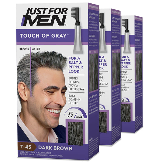 Just For Men Touch of Gray, Mens Hair Color Kit with Comb Applicator for Easy Application, Great for a Salt and Pepper Look - Dark Brown, T-45, Pack