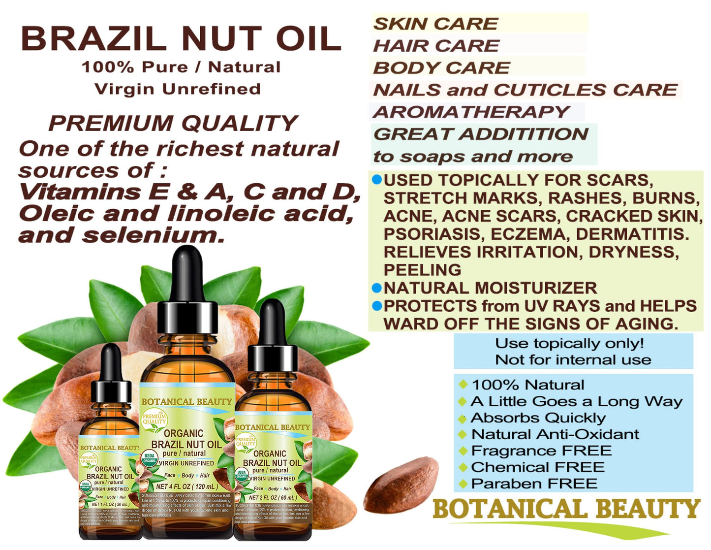Botanical Beauty Organic BRAZIL NUT OIL Bertholletia Excelsa WILD GROWTH RAW Brazilian 100% Pure Natural Virgin Unrefined for FACE, SKIN, BODY, HAIR