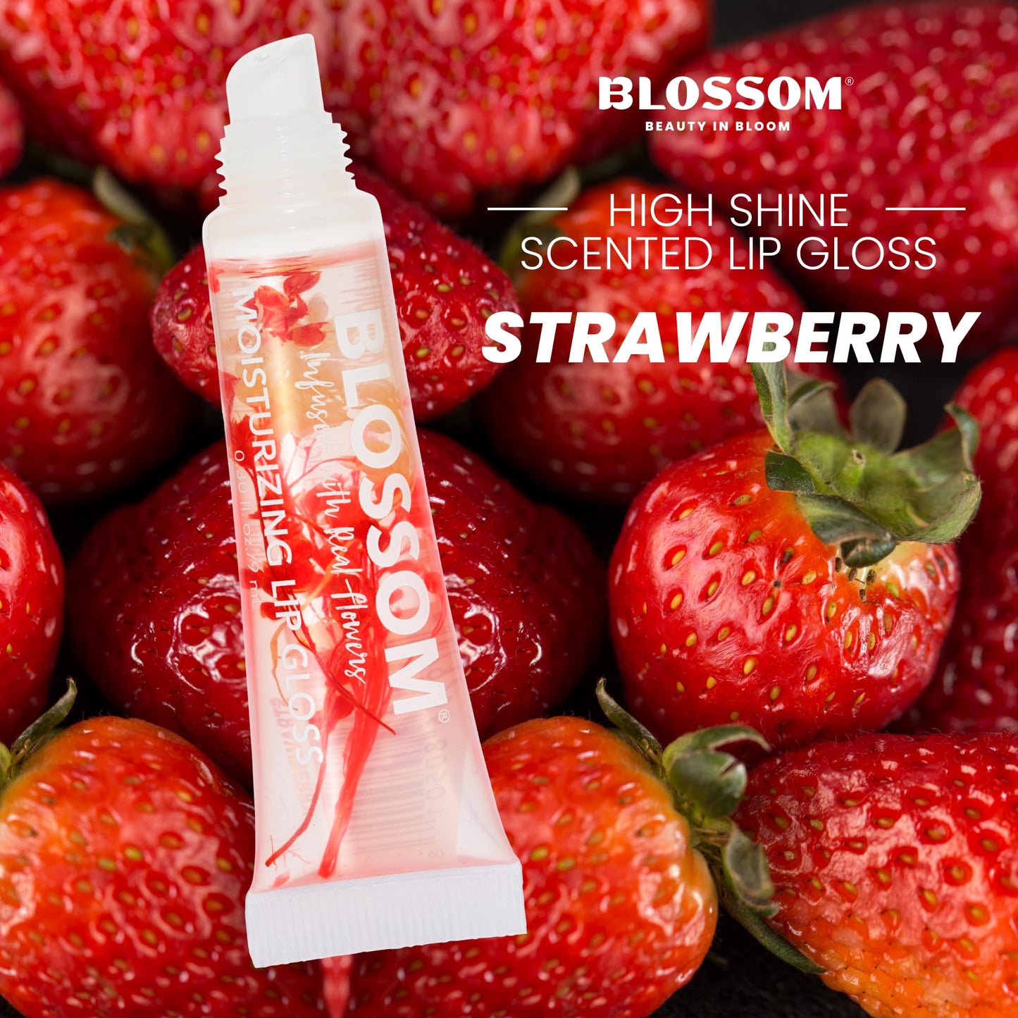 Blossom Lip Gloss Tubes, Strawberry Scented Thick Clear High Shine Moisturizing Flower Lip Gel with Nourishing Jojoba Seed Oil, Infused with Real