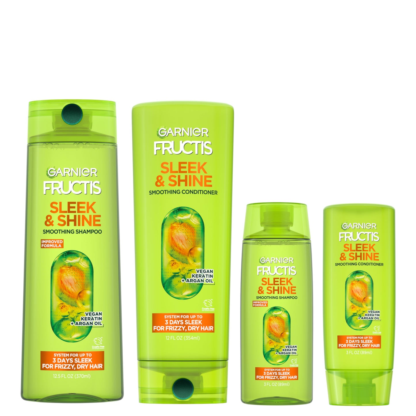 Garnier Fructis Sleek & Shine Full + Travel Size Shampoo (12.5 & 3 Fl Oz) + Conditioner (12 & 3 Fl Oz) Set for Frizzy, Dry Hair, Plant Keratin + Argan