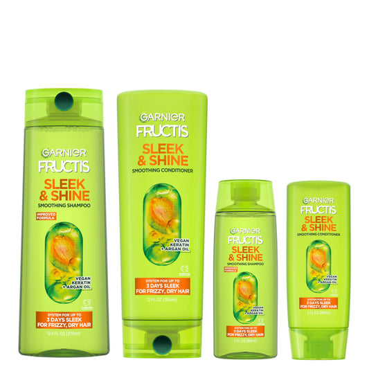 Garnier Fructis Sleek & Shine Full + Travel Size Shampoo (12.5 & 3 Fl Oz) + Conditioner (12 & 3 Fl Oz) Set for Frizzy, Dry Hair, Plant Keratin + Argan Beauty & Personal Care Garnier