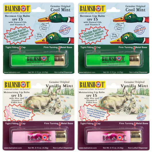 BALMSHOT Lip Balm 4-Pack - Minty Combo Variety Pack - (2) Cool Mint & (2) Vanilla Mint - SPF 15 Beeswax Chapstick Formula, 20-Gauge Brass Shotgun