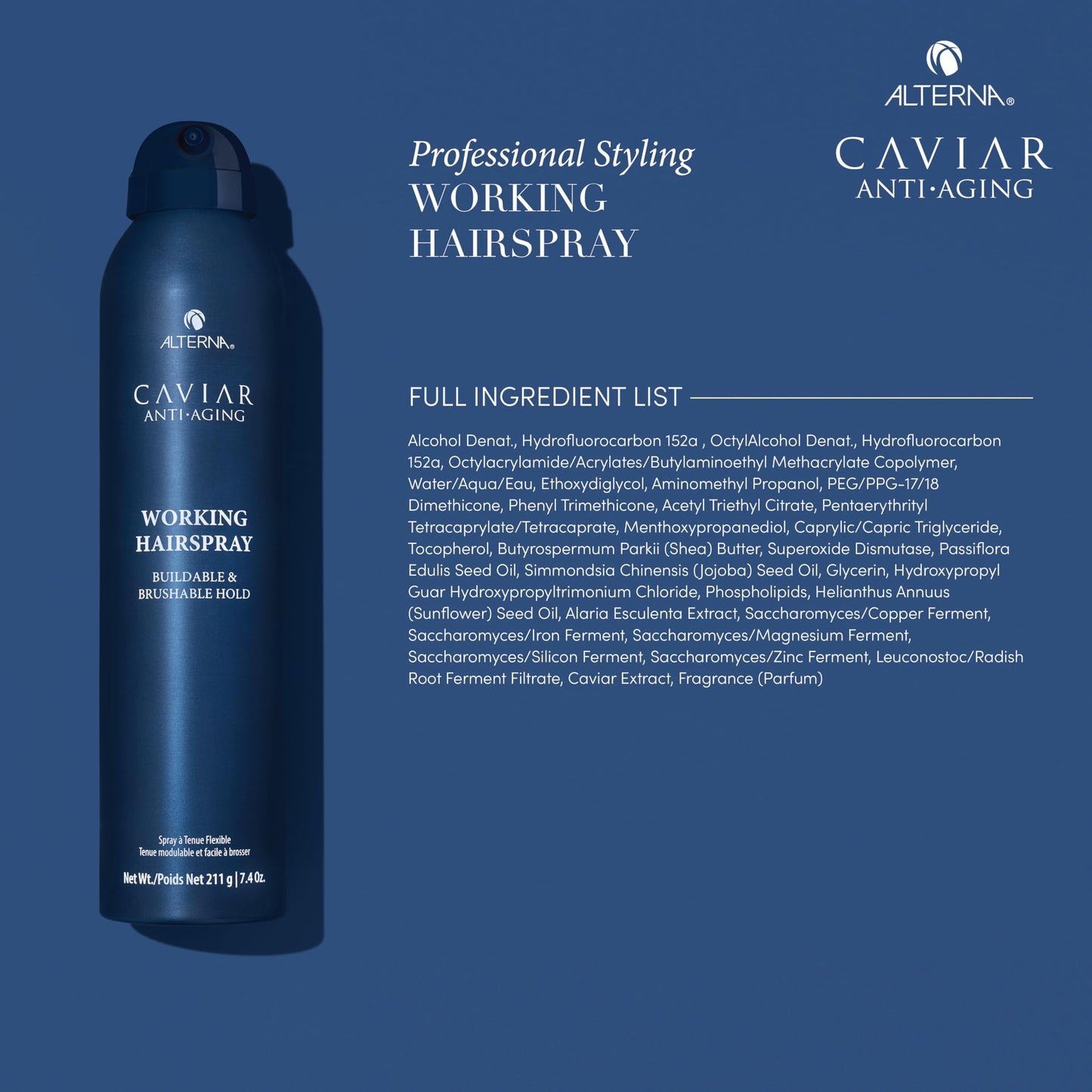Alterna Caviar Working Hairspray | Buildable, Brushable Hold | Helps Control Frizz & Adds Shine | Sulfate Free, 7.4 Fl Oz (Packaging May Vary)