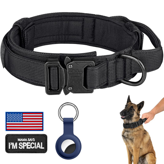 DAGANXI Tactical Dog Collar – Adjustable Military Nylon with Handle & Metal Buckle, Includes Patches & Airtag Case for Medium/Large Dogs (L, Black)