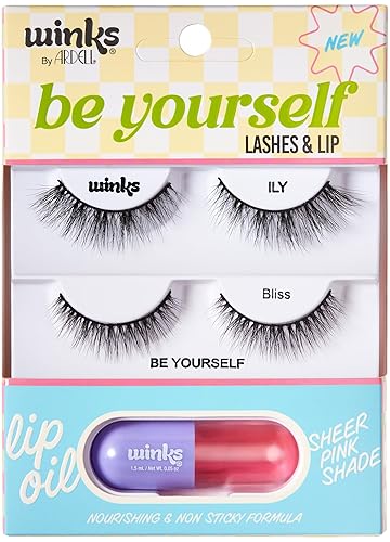 Ardell Winks Be Yourself Lashes & Lip Kit - Includes ILY & Bliss Natural False Eyelashes + Lip Oil, Dual Lash Kit and Lips Enhancer, Easy Glam Makeup…