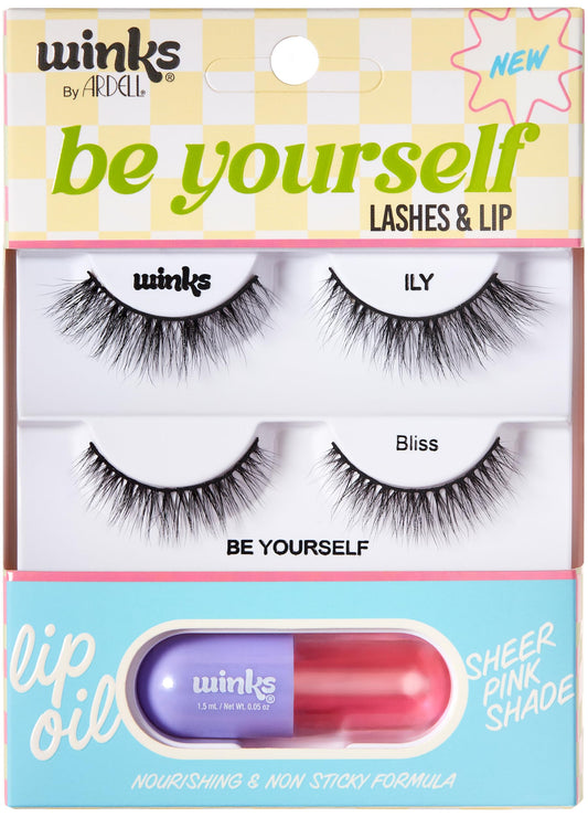 Ardell Winks Be Yourself Lashes & Lip Kit - Includes ILY & Bliss Natural False Eyelashes + Lip Oil, Dual Lash Kit and Lips Enhancer, Easy Glam Makeup…