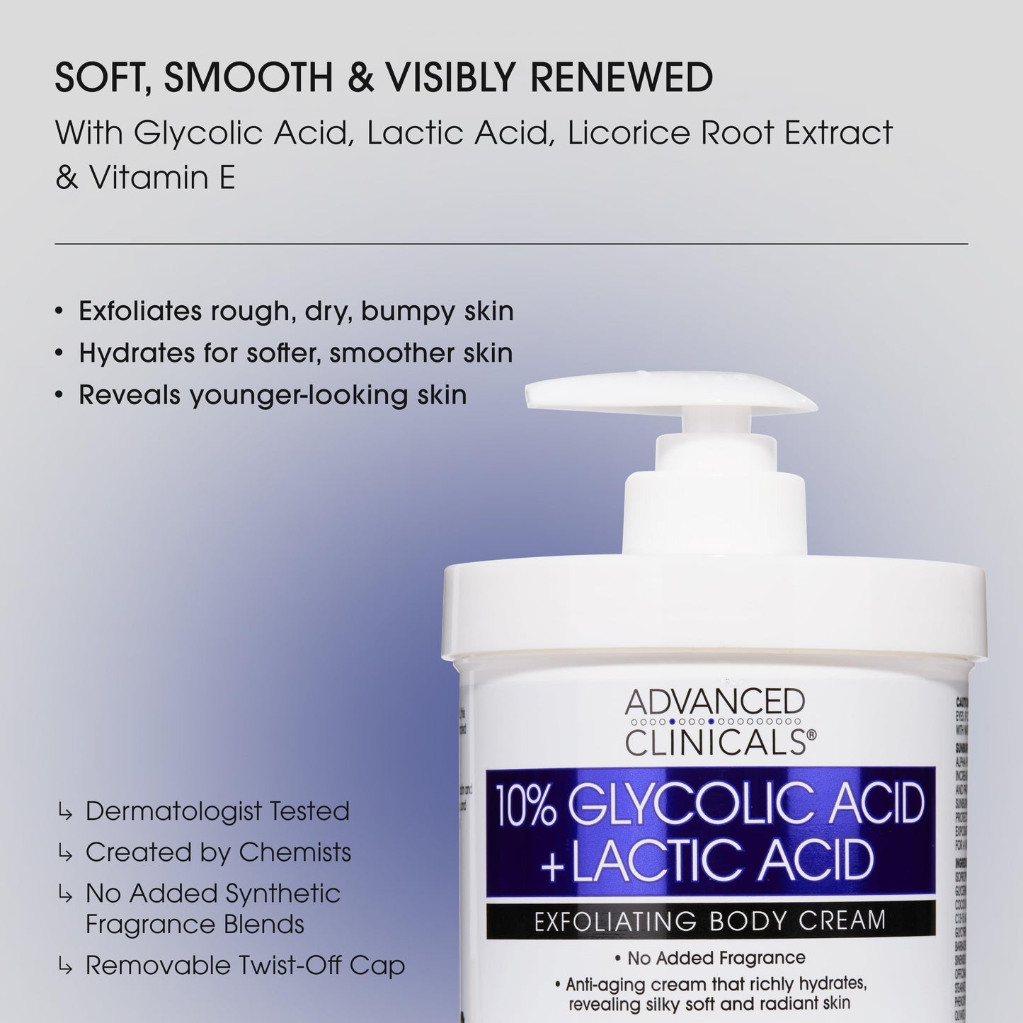 Advanced Clinicals 10% Glycolic Acid + Lactic Acid Lotion Exfoliant Moisturizing Cream With Hyaluronic Acid Moisturizer | AHA Exfoliating Body Cream