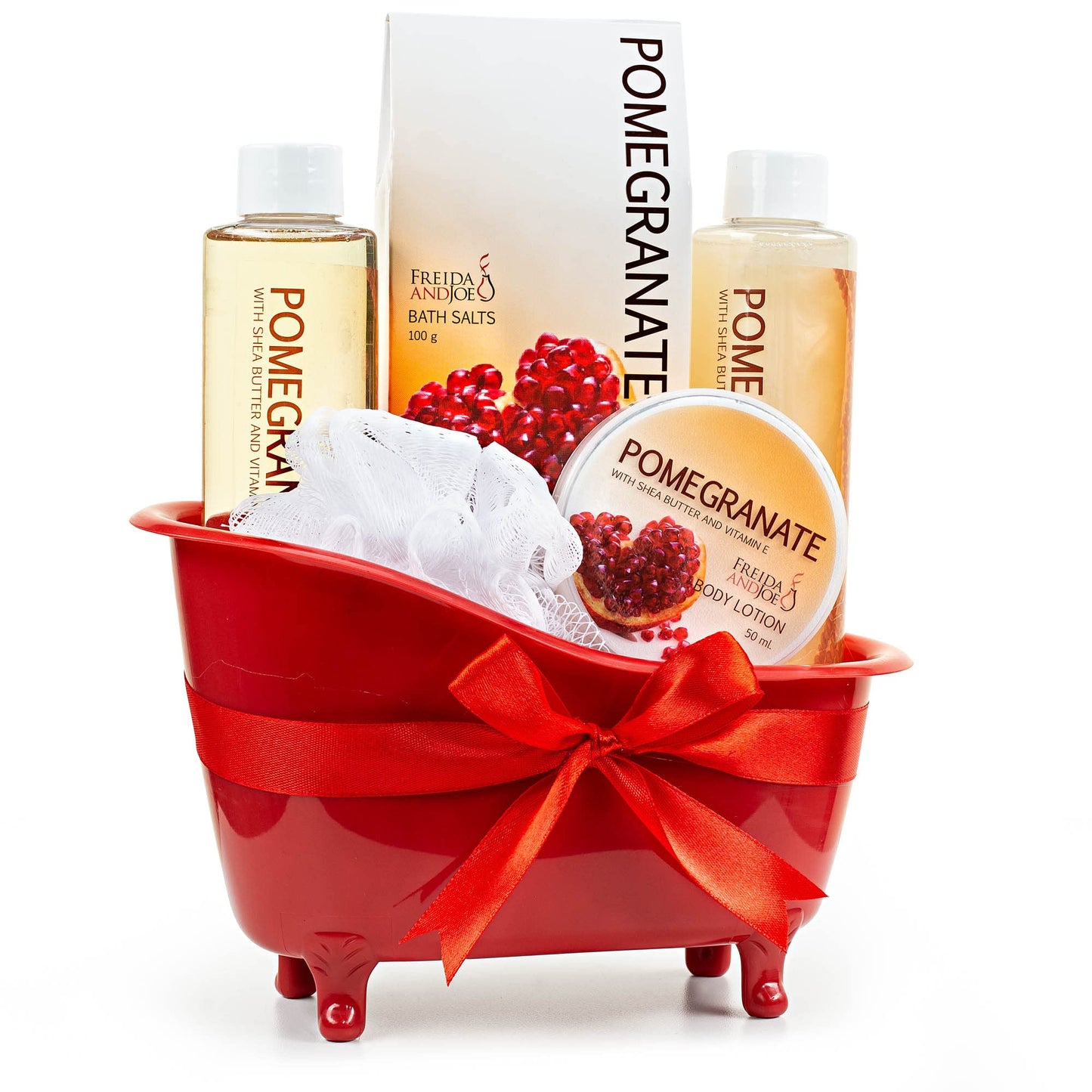 Red Pomegranate Home Spa Bath Basket - Bath & Body Set For Women - Contains Shower Gel, Bubble Bath, Body Lotion, Pomegranate Bath Salt & Pouf in Red