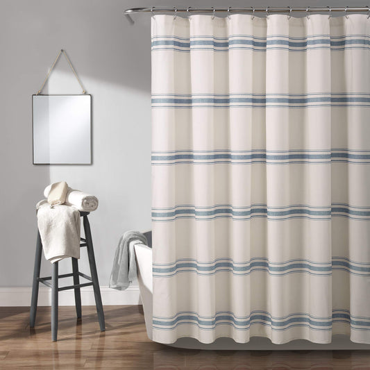 Lush Decor Farmhouse Stripe Cotton Shower Curtain, 72" W x 72" L, Blue - Striped Bathroom Curtain - Fabric Shower Curtains - Farmhouse Bathroom Decor