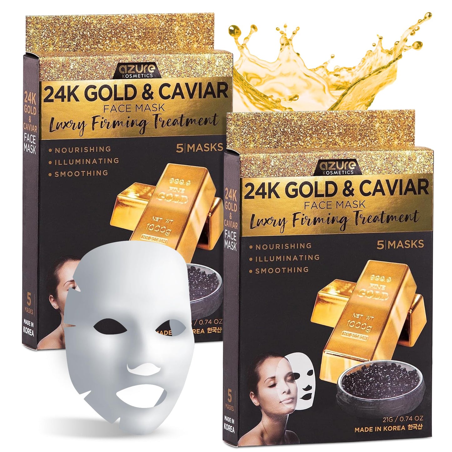 Azure Cosmetics 24K Gold and Caviar Anti Aging Luxury Face Mask - Hydrating & Firming Facial Mask - Helps Reduce Wrinkles & Fine Lines -