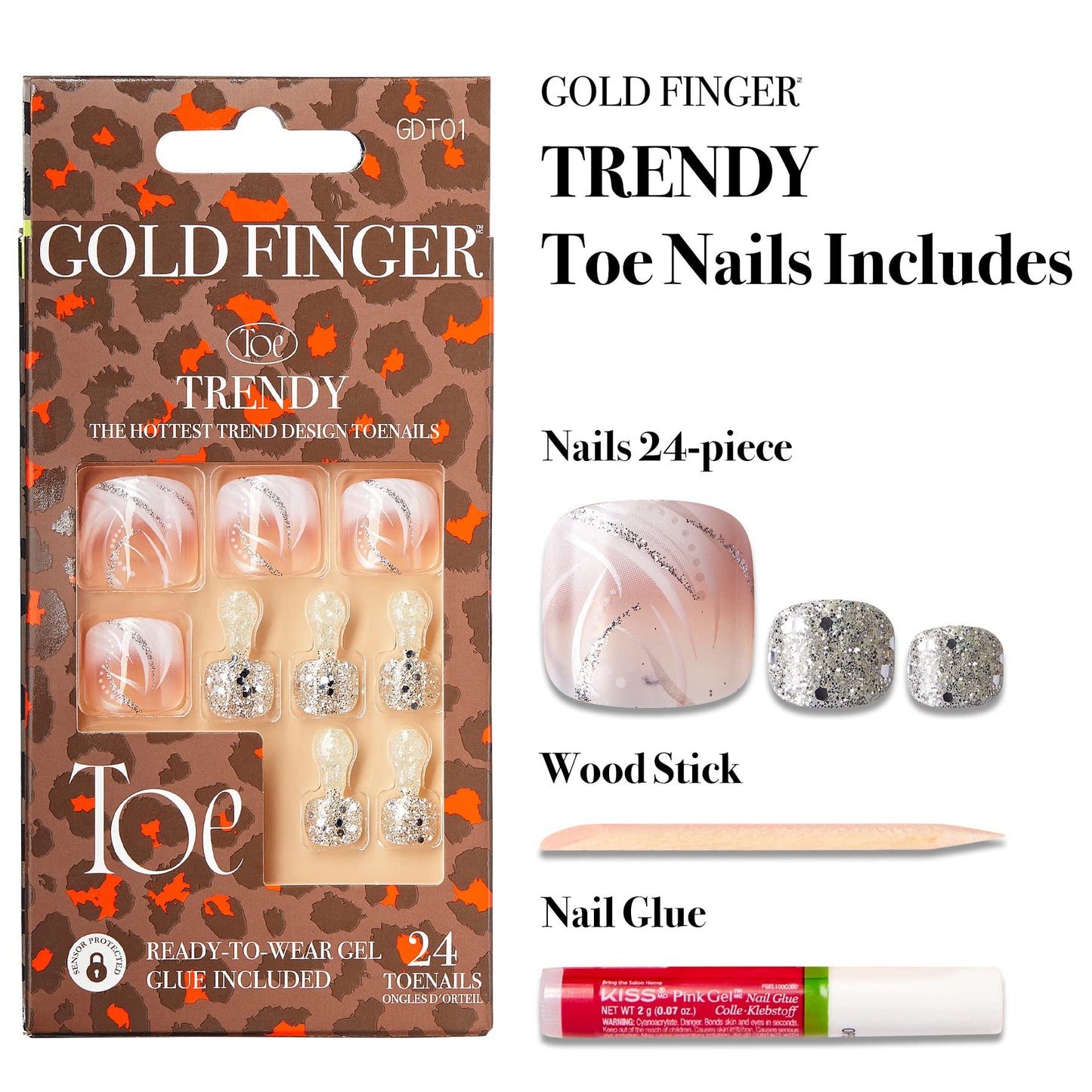 GoldFinger Press On Toenails Regular Fit White Glitter French Design, Squoval Shape, Long Lasting Nail Glue Included, Glue On Toe Nails (Perfect