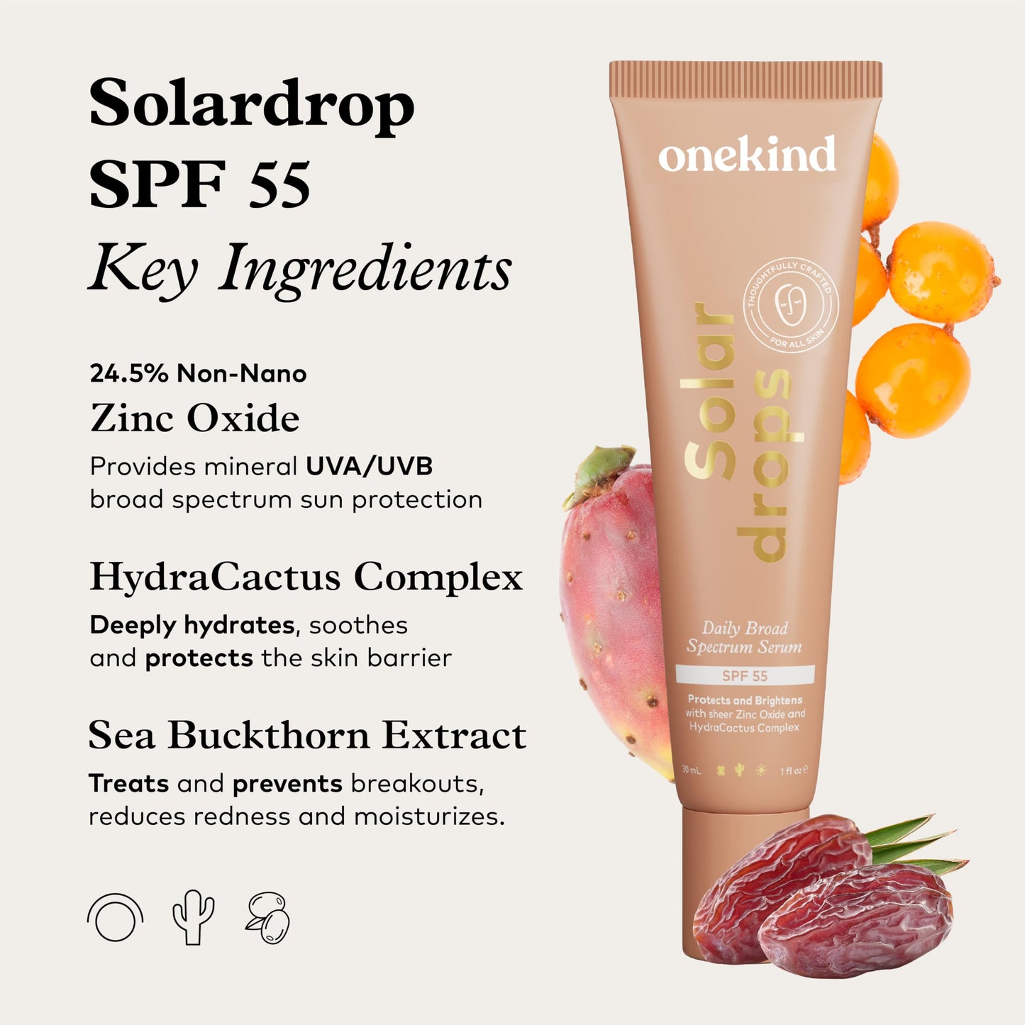 Onekind Solardrops SPF 55 Daily Mineral Sunscreen Serum for Sensitive Skin, Lightweight Wrinkle Defense Non-Comedogenic Zinc Oxide Formula with UVA