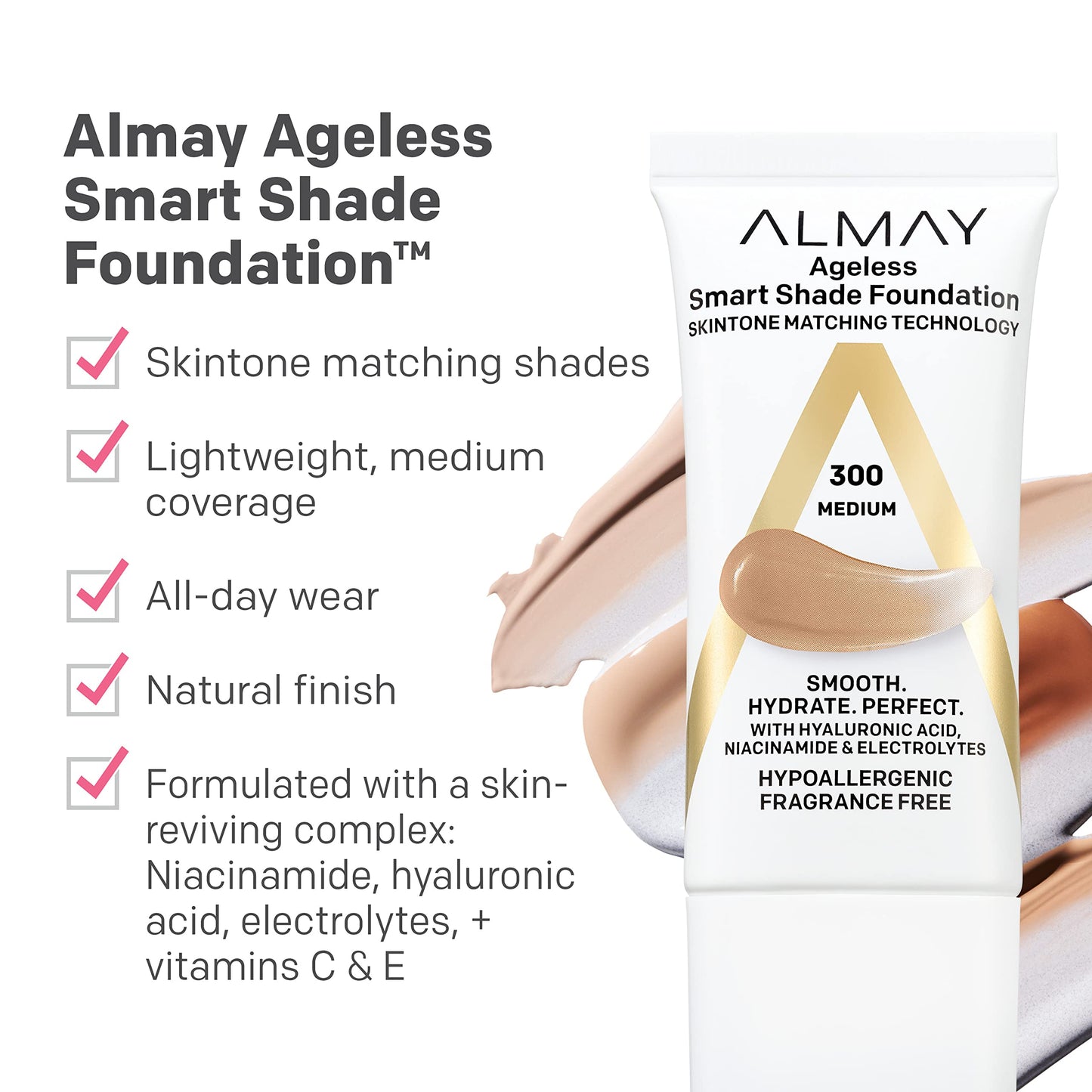 Almay Anti-Aging Foundation, Smart Shade Face Makeup with Hyaluronic Acid, Niacinamide, Vitamin C & E, Hypoallergenic-Fragrance Free, 500 Golden, 1 Fl