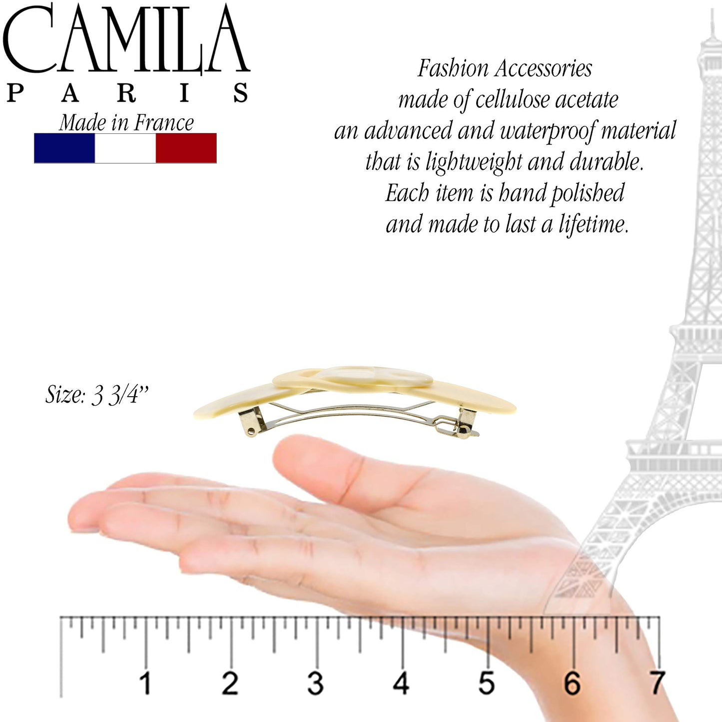 Camila Paris CP2337 French Hair Barrette Clip for Girls Handmade Cream Pearl, Metal Automatic Clasp Strong Hold Grip Hair Clips for Women, No Slip
