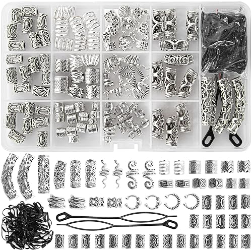 152PCS Vikings Hair Jewelry Norse Runes Tube Beads, Metal Clips Cuffs Rings, Accessories for Braids Dreadlocks Beads for Braiding Beard Decoration