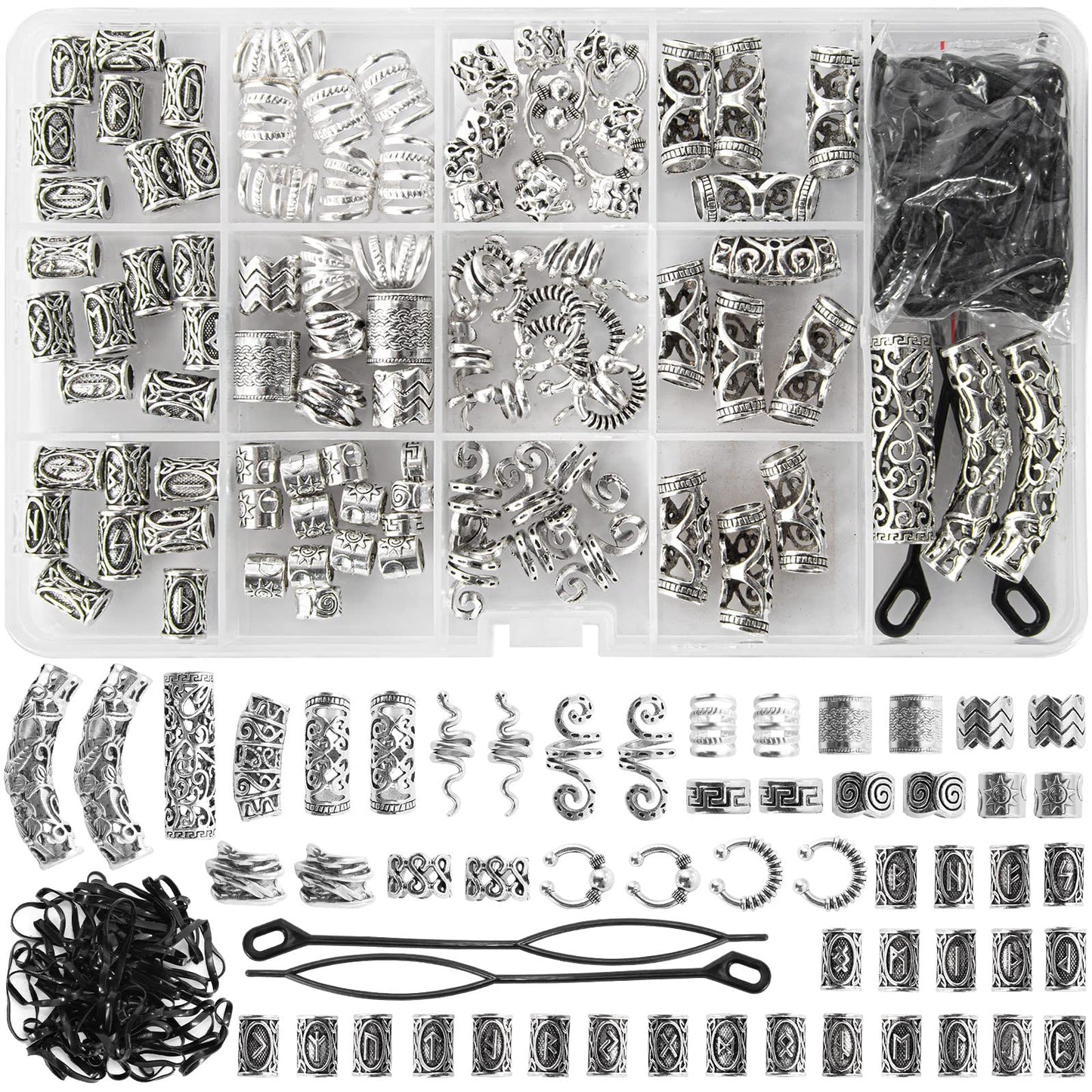152PCS Vikings Hair Jewelry Norse Runes Tube Beads, Metal Clips Cuffs Rings, Accessories for Braids Dreadlocks Beads for Braiding Beard Decoration