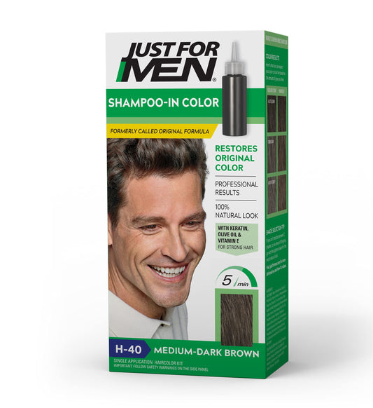 Just For Men Shampoo-In Color (Formerly Original Formula), Mens Hair Color with Keratin and Vitamin E for Stronger Hair - Medium-Dark Brown, H-40