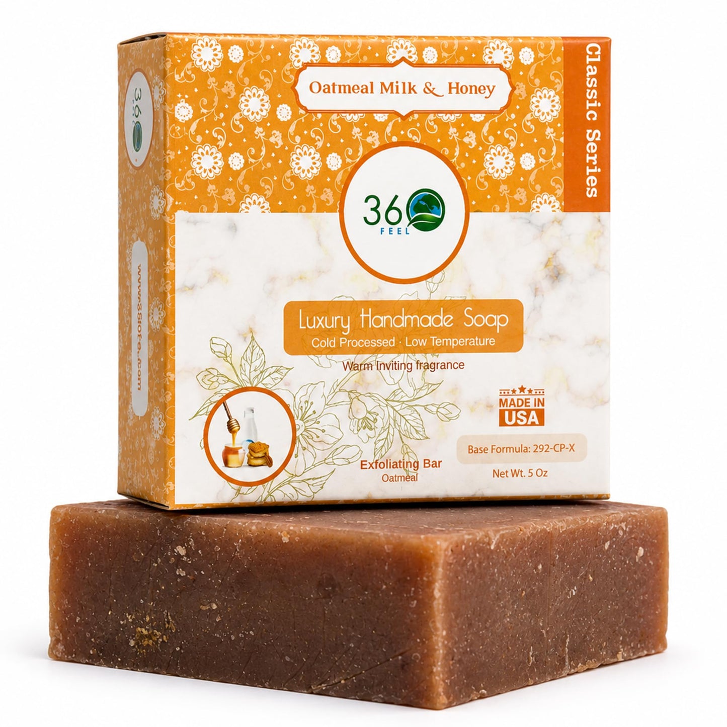 360Feel Oatmeal Milk and Honey Bar Soap - Made in The USA - Castile Handmade, All Natural Cold Processed - Infused with Oatmeal Milk and Honey