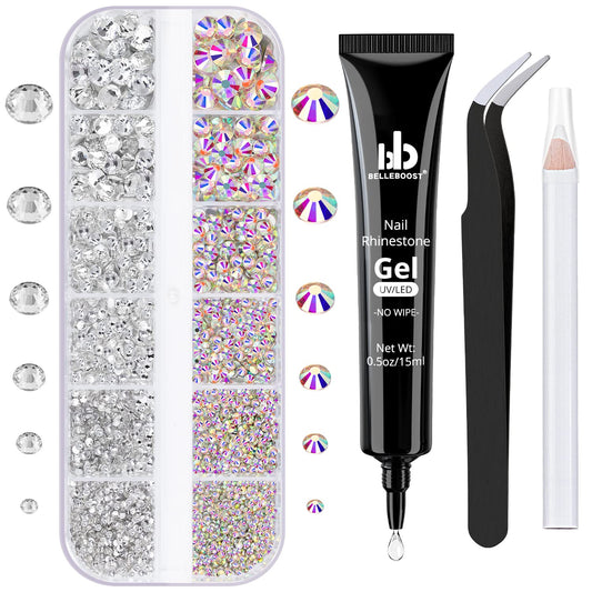 Nail Art Rhinestone Glue Gel&Flatback Gems Accessories Kit, 1 Tube of 15ml Rhinestone Gel Glue(UV/LED Needed)+1 Box of Flat-Back Round Glass Crystal
