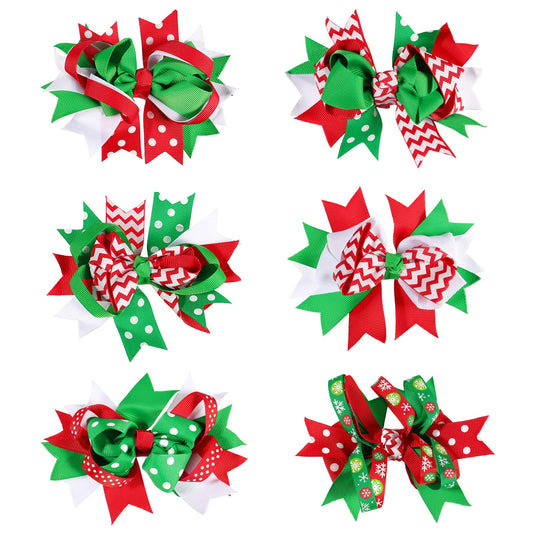 Lurrose 6pcs Christmas Hair Bows,Grosgrain Bows Alligator Hair Clips Bowknot Barrettes Hair Accessories for Girls Children (Mixed Pattern)
