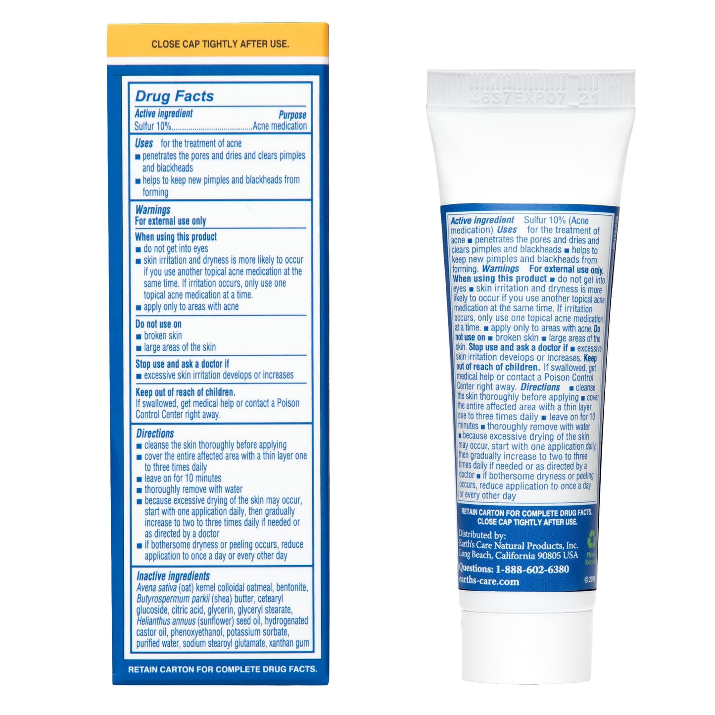 Earth's Care Acne Spot Treatment - 10% Sulfur Cream Medication to Clear Cystic Acne, Pimples and Blackheads on Face and Body (Tube 0.97 OZ)