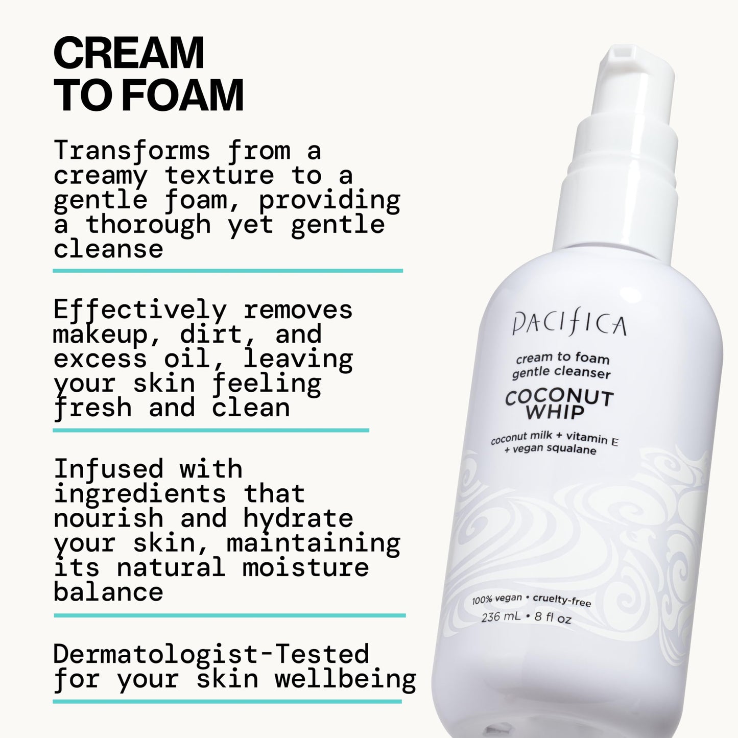 Pacifica Coconut Whip Cream to Foam Face Wash - Gentle Hydrating Facial Cleanser for Dry & Sensitive Skin, Moisturizing Daily Face Wash