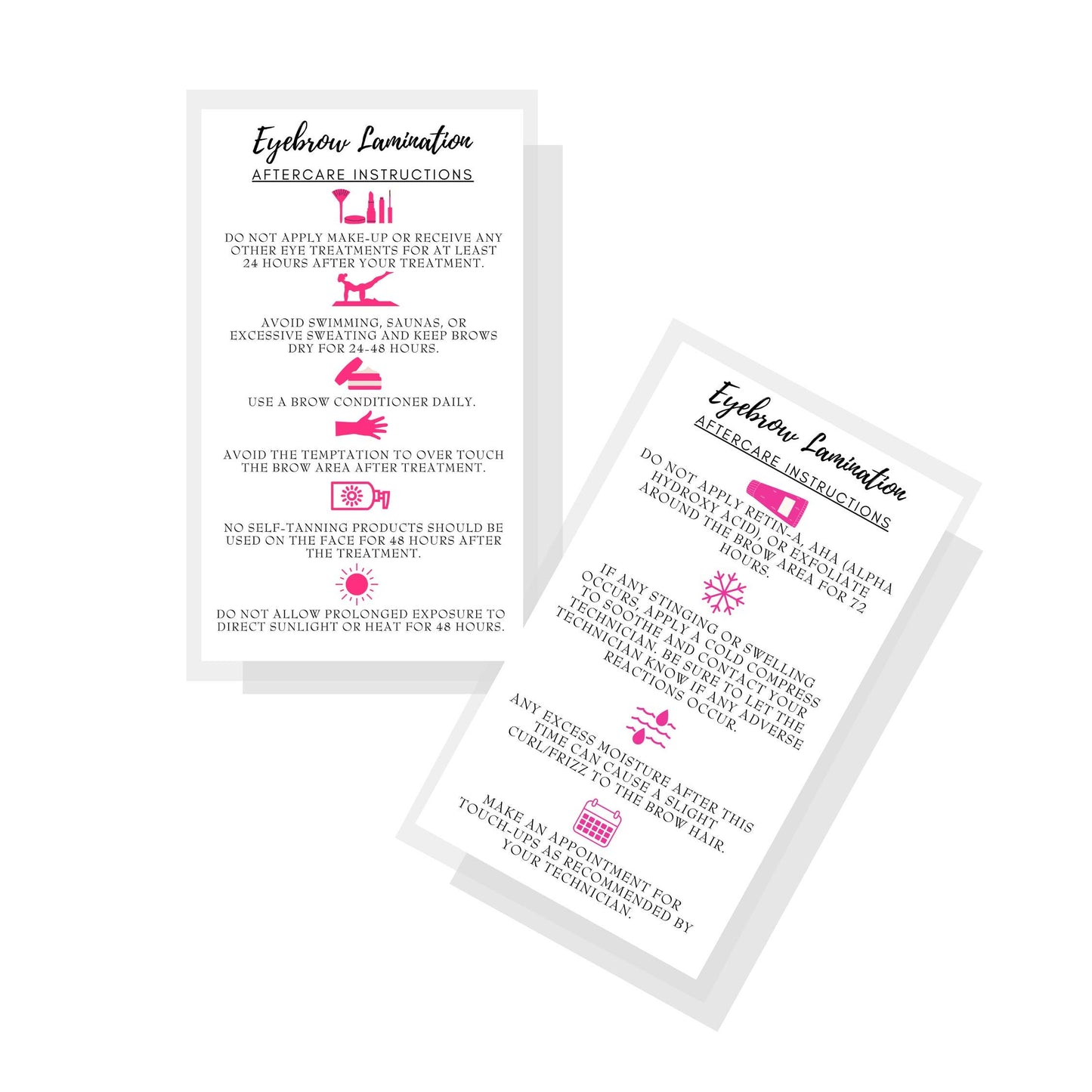 Eyebrow Lamination Aftercare Instruction Cards | Physical Printed 2 x 3.5” inches Business Card Size | Starter Lift Kit with Tint at home diy