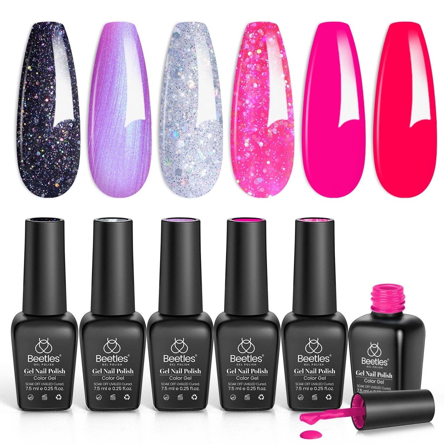 Beetles Hot Pink Gel Nail Polish Set, 6 Colors Glitter Purple and Black Shimmer Electric Carnival Collection, Dreamy Swirl Thread Effect, Soak Off UV Beauty and Personal Care beetles Gel Polish Default Title