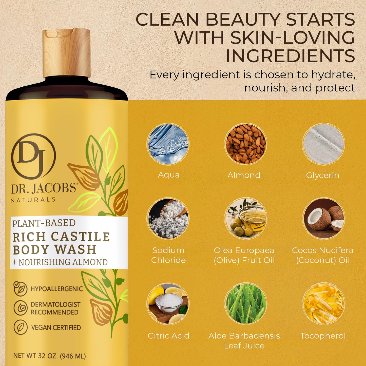 Dr. Jacobs Naturals Pure Castile Soap Liquid Body Wash, Almond - Plant Based Castile Soap Infused with Vitamin E and Aloe Vera to Moisturize Dry
