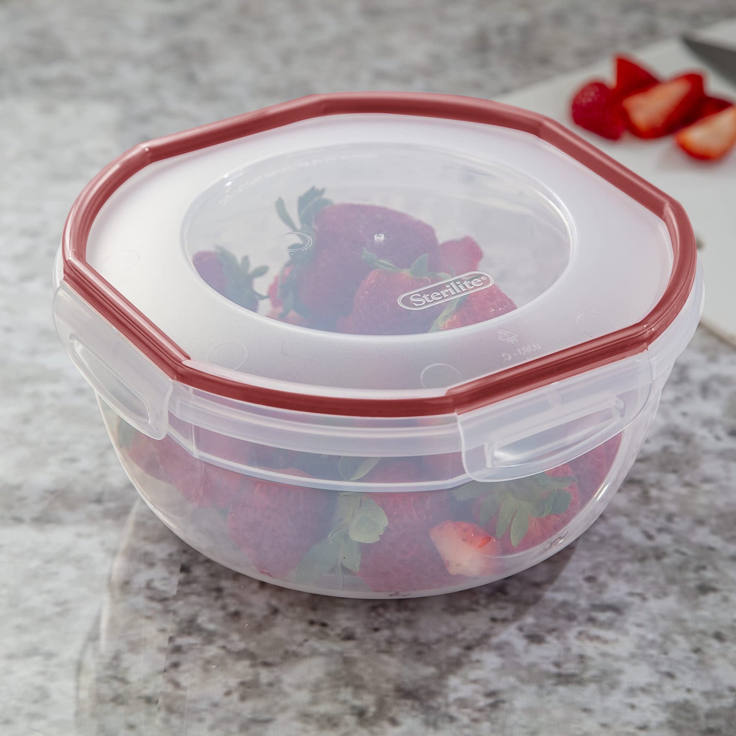 Sterilite Ultra-Seal 2.5 Qt Bowl, Airtight Food Storage Container, Plastic, Latching Lid, Microwave and Dishwasher Safe, Clear With Red Gasket, 4-Pack