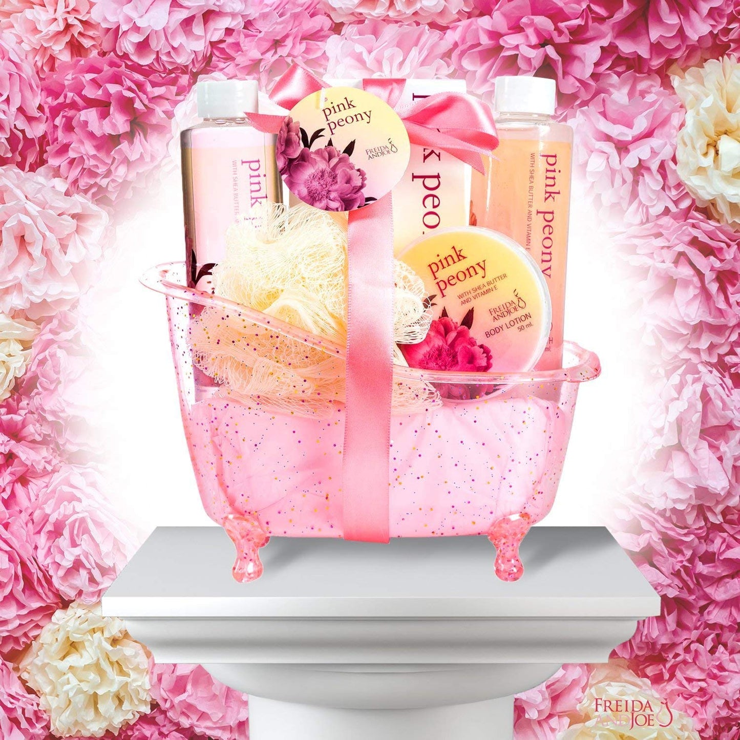Home Spa Gift Basket Peony Spa Set For Women, Contains Shower Gel, Bubble Bath, Body Lotion, Peony Bath Salt & Puff in a Pink Feminine Tub - Mother's