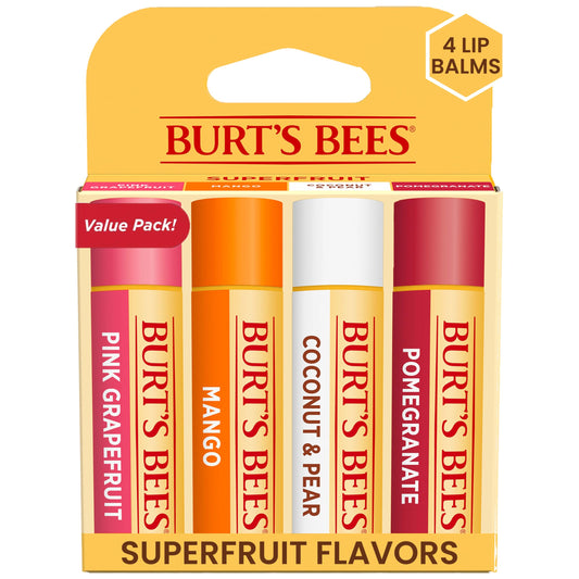Burt's Bees Lip Balm - Pink Grapefruit, Mango, Coconut & Pear, and Pomegranate Pack, Lip Moisturizer With Beeswax, Tint-Free, Natural Origin