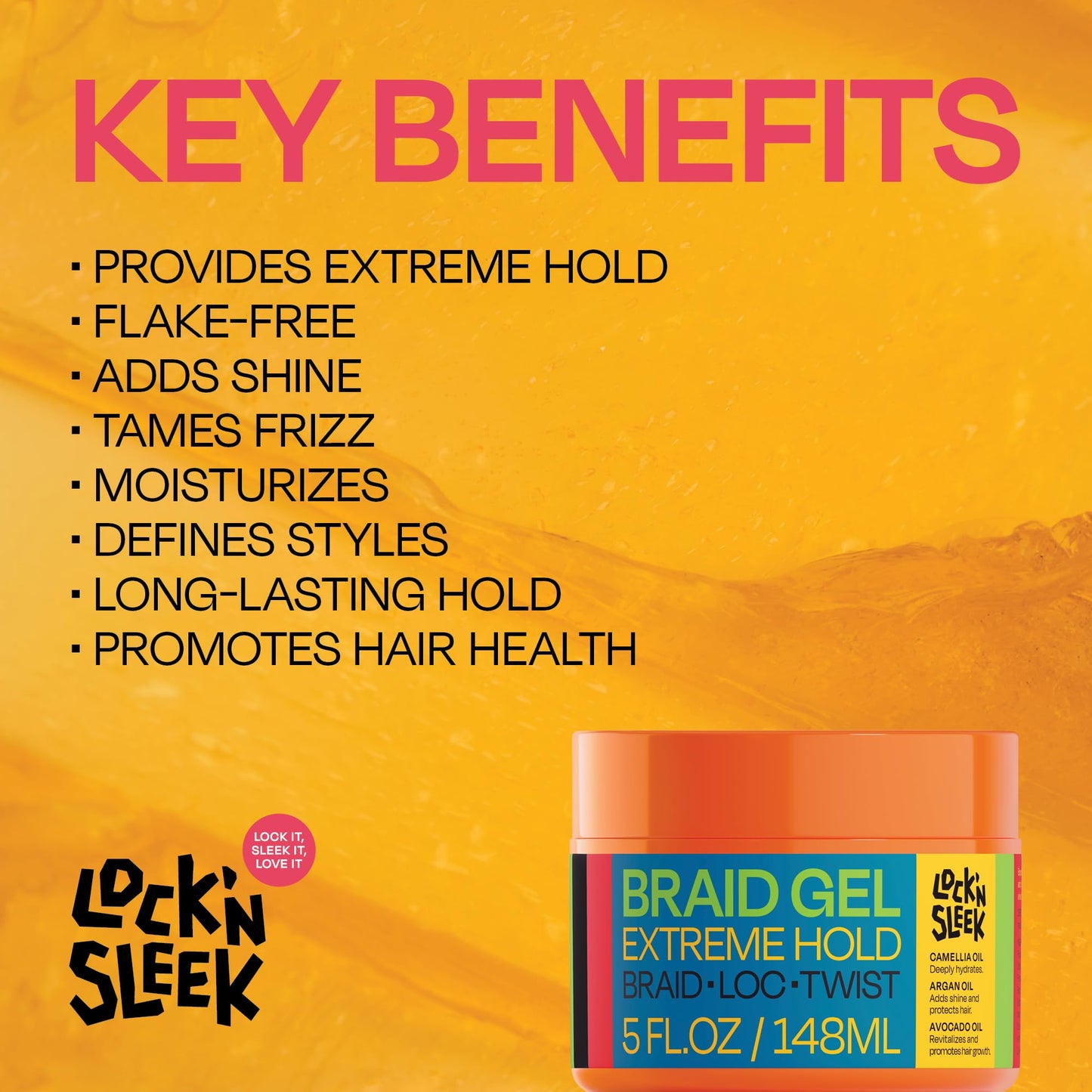 LOCK'N SLEEK Braid Gel (5 oz), Extreme Hold, Flake-Free, High Shine Edge Control - Argan, Camellia, Avocado Oil - For Locks, Braids, Twists, Cornrows