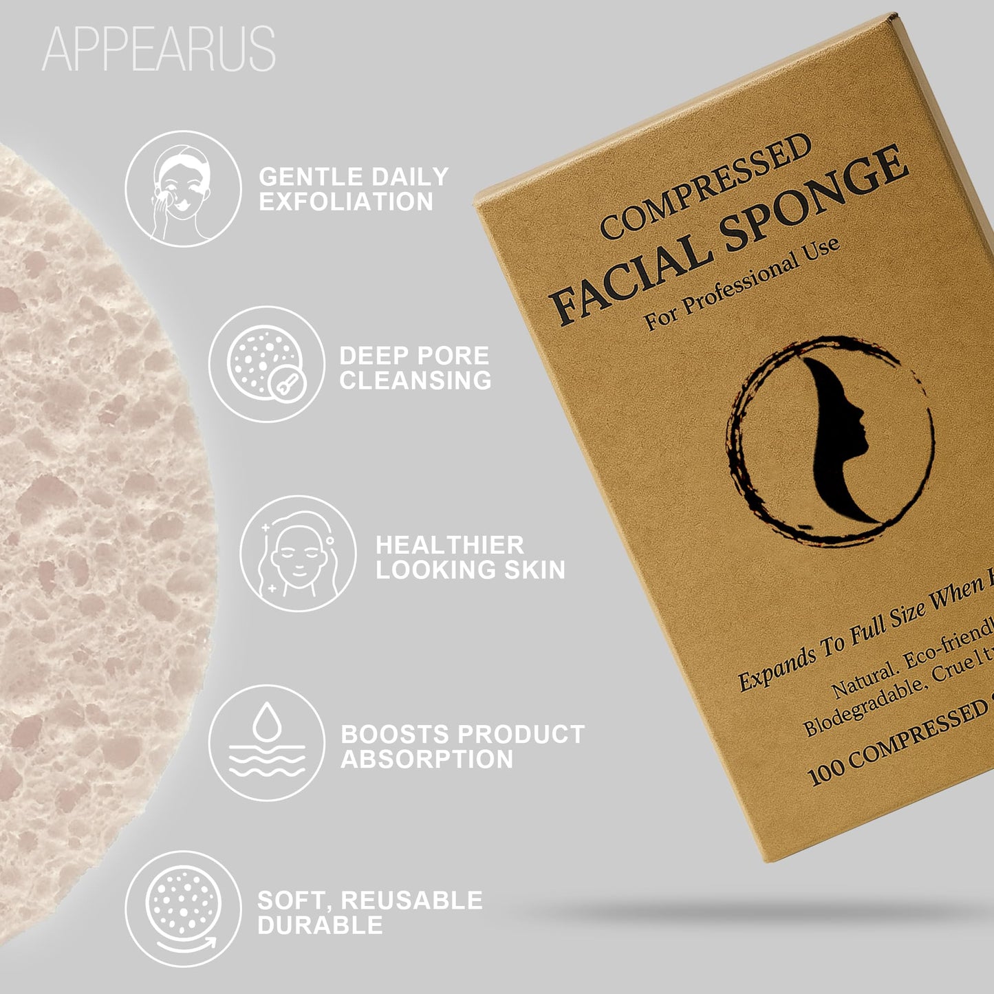 Appearus Natural Cellulose Facial Sponges - 100 Pack (Compressed) - Professional Spa Facial Sponge Pads for Cleansing, Exfoliating, Makeup Removal