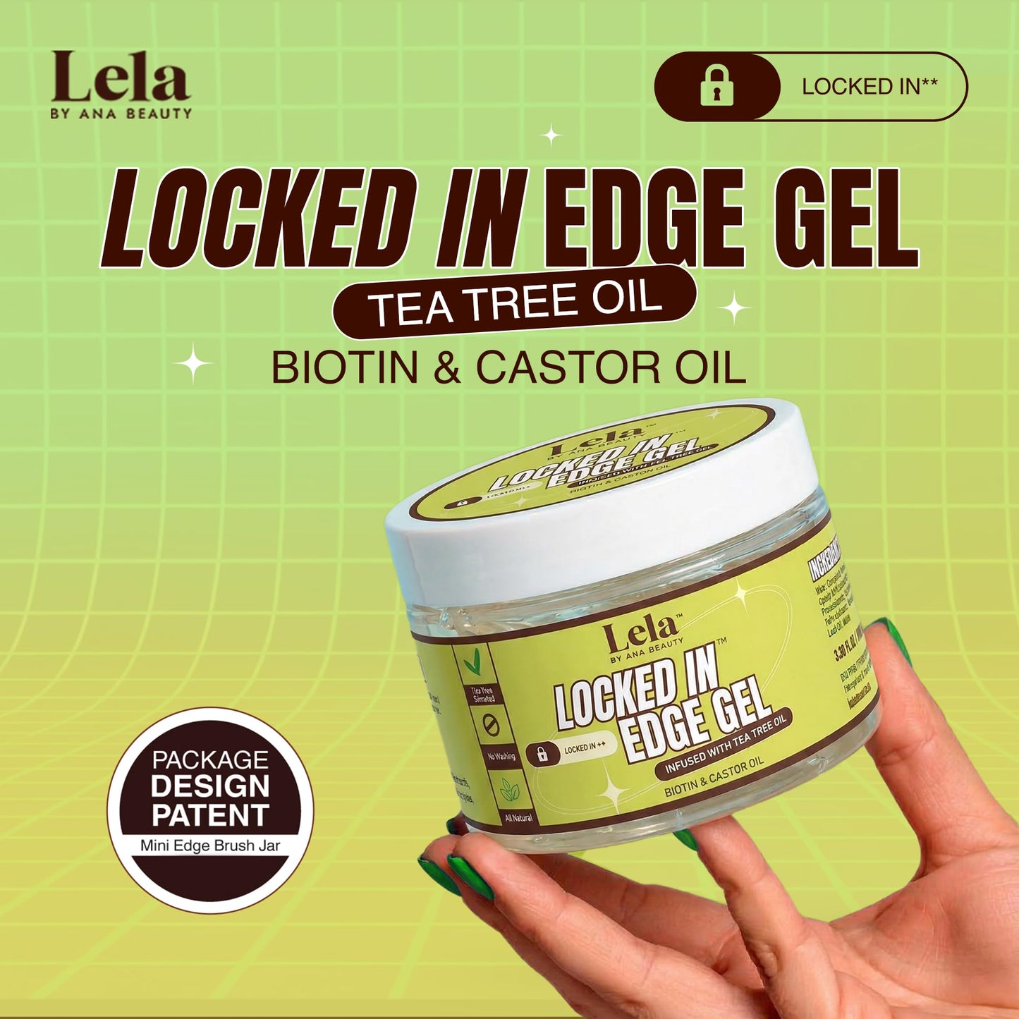 Lela Beauty Locked In™ Edge Gel with Tea Tree, Biotin & Castor Oil - Travel Friendly Styling with Mini Edge Brush - Long Lasting & Non-Flaking