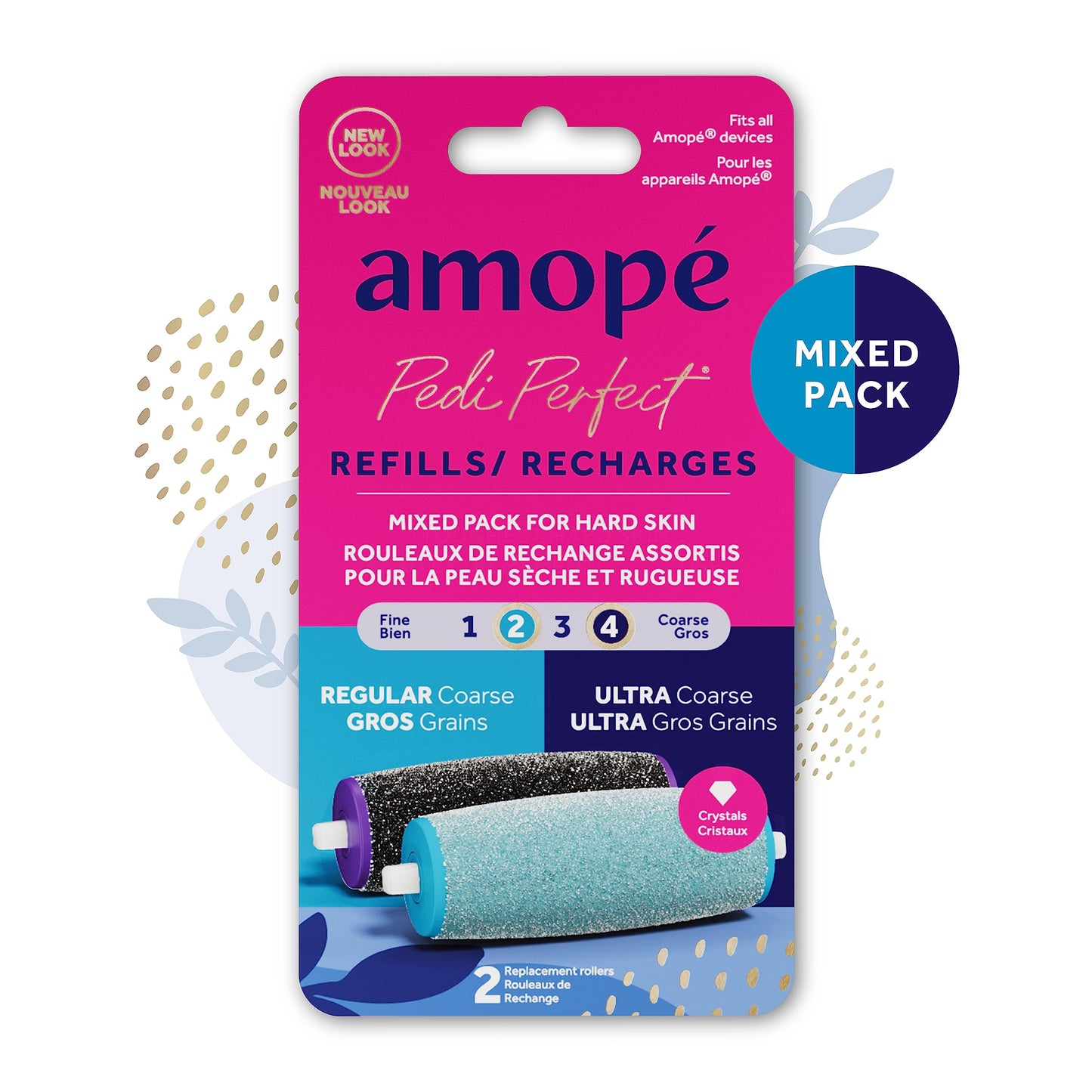 Amope Pedi Perfect Electric Callus Remover Foot File Roller Head Refills, with Diamond Crystals, Removes Hard & Dead Skin, Mixed Pack for Hard Skin, 1