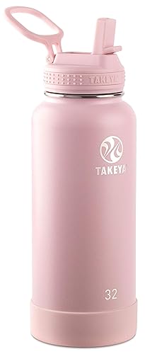 Takeya Actives 32 oz Water Bottle with Straw Lid - Double Wall Stainless Steel Insulation - Dishwasher Safe & BPA-Free - Removable Bumper - Blush
