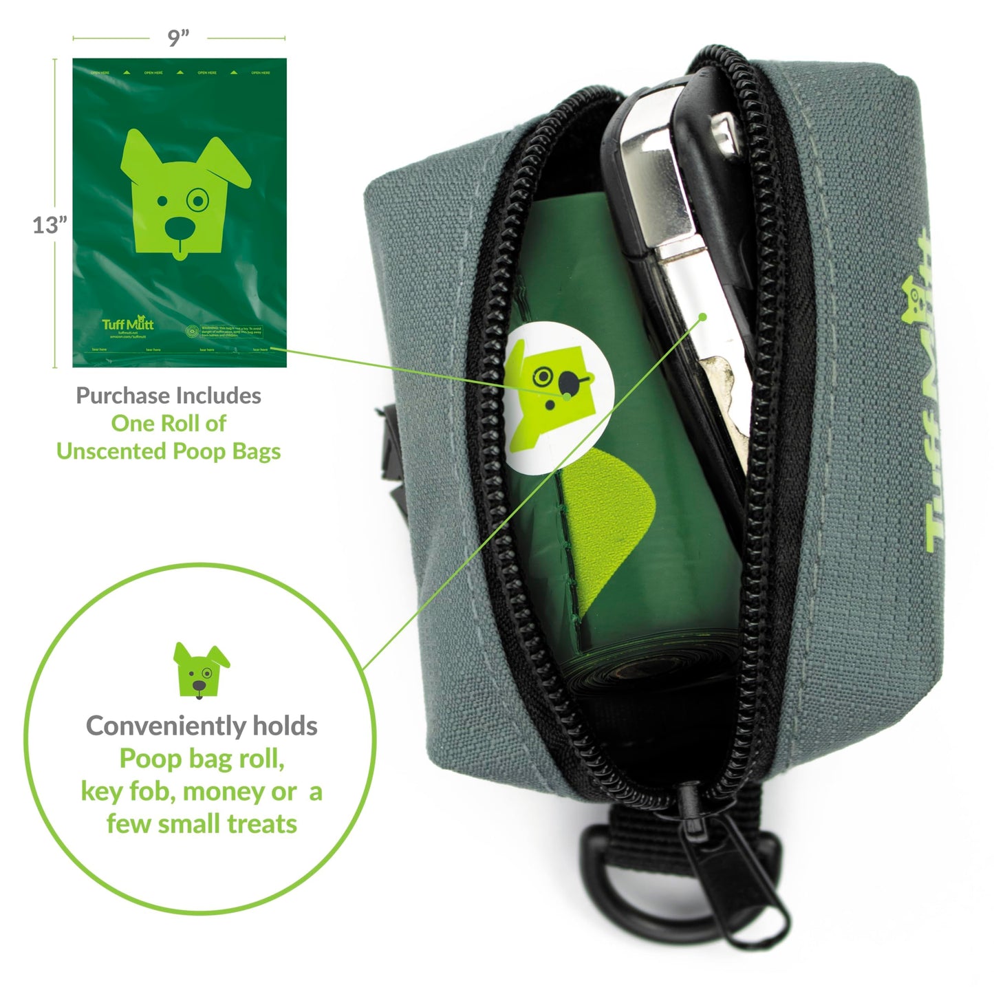 Tuff Mutt Dog Poop Bag Holder for Leash, Lightweight Dispenser for Pet Waste Bags, Easy Cleanup Accessory for All Leashes, Includes Bags