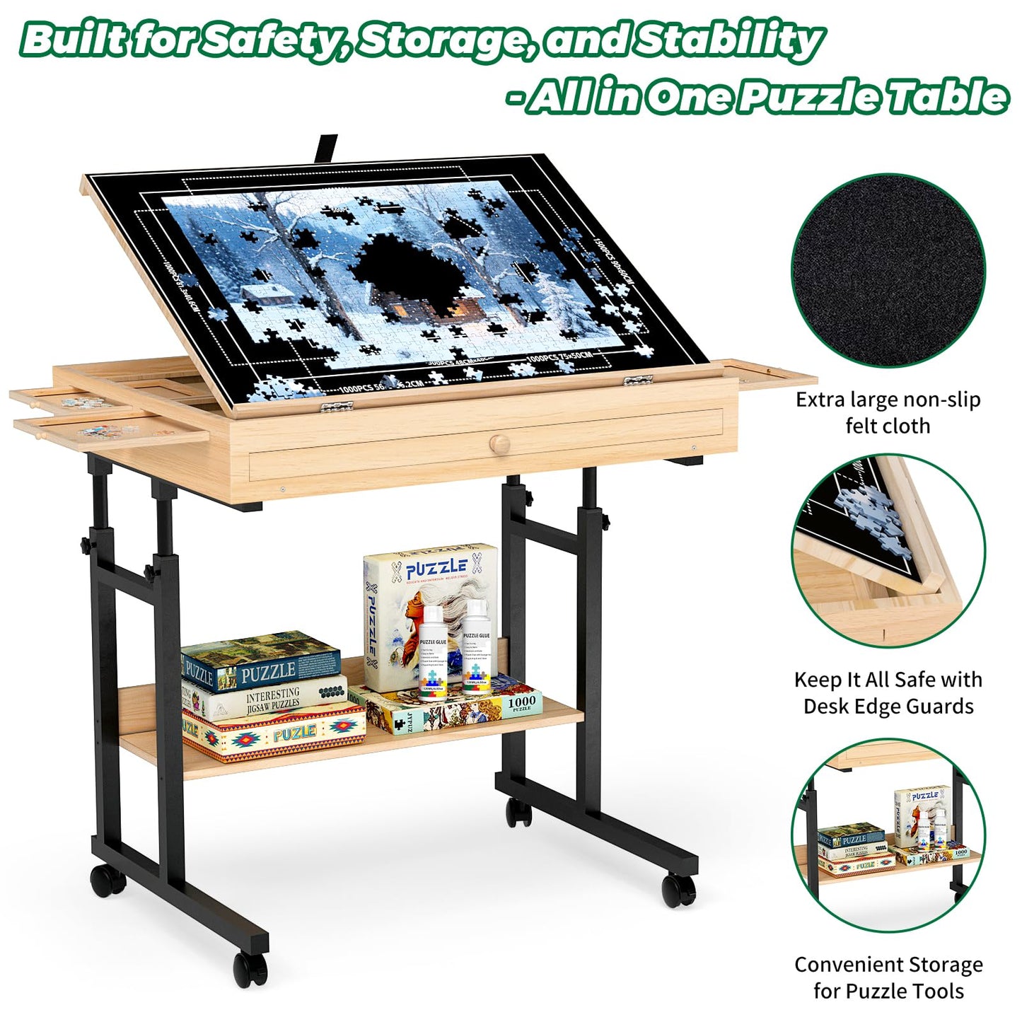 Large Puzzle Table with Drawer – Adjustable Height & Angle Wooden Board for 300-1500 Piece Jigsaws, Felt Cover, Shelf & Wheels